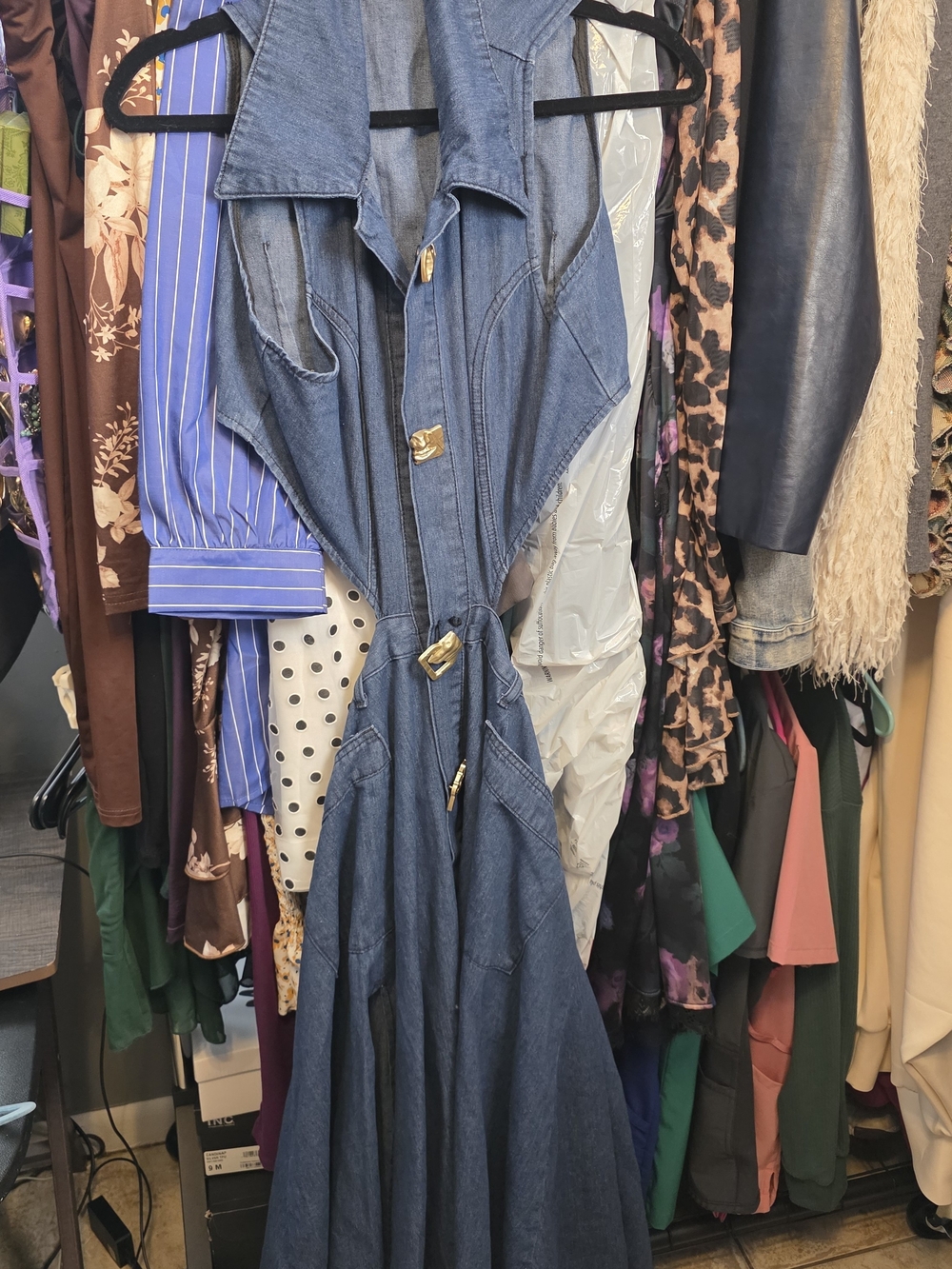 Denim Button-Front Sleeveless Maxi Dress - Blue
